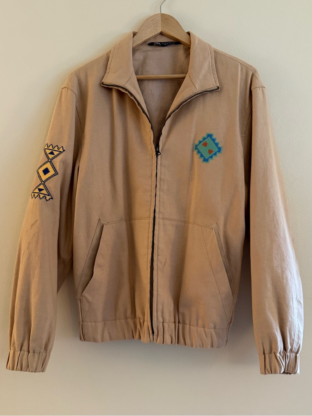 Zara | Tan Embroidered Zip-Up Bomber Utility Jacket | Size M